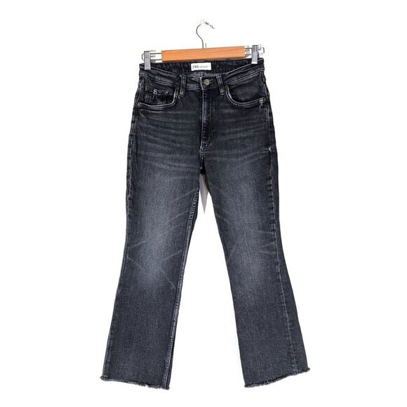 Zara Denim - ZARA 90s Raw Hem High Rise Cropped Kick Flare Jeans Washed Black Denim 2 y2k